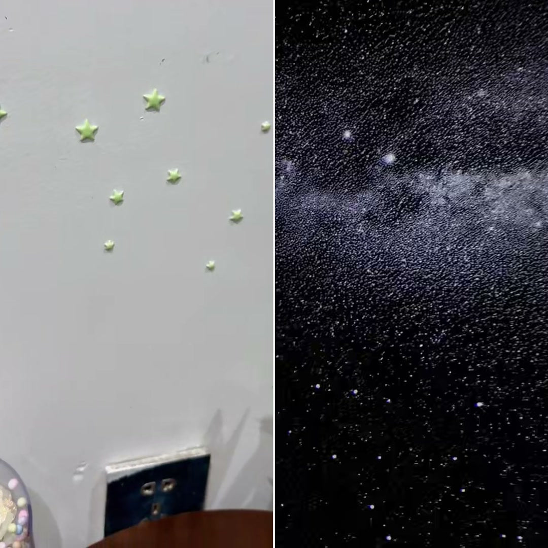 The same child's bedroom before and with the Dream-Cycle galaxy projection on